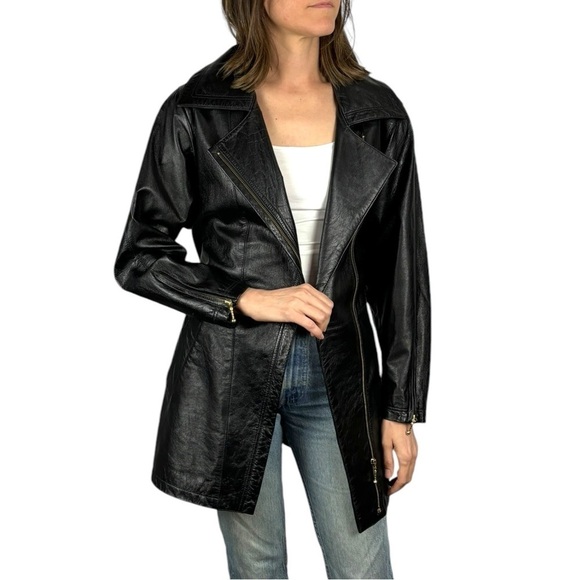 VINTAGE PROMODA GENUINE LEATHER BLACK CLASSIC ASYMMETRIC ZIP FRONT BELTED JACKET - Picture 2 of 16